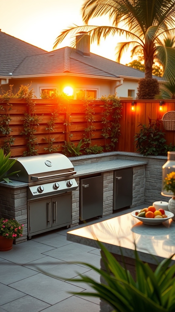 Stylish backyard barbecue area with a grill, counter space, seating, and lush plants.